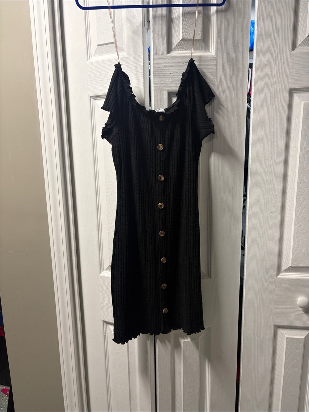 Black Button-Front Off-Shoulder Ribbed Women's Dress